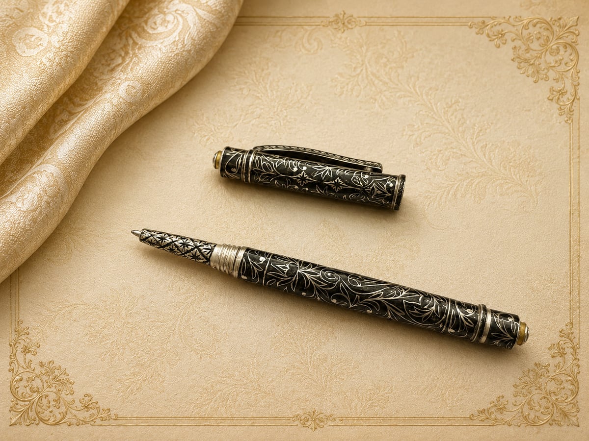 Handcrafted engraved silver pen