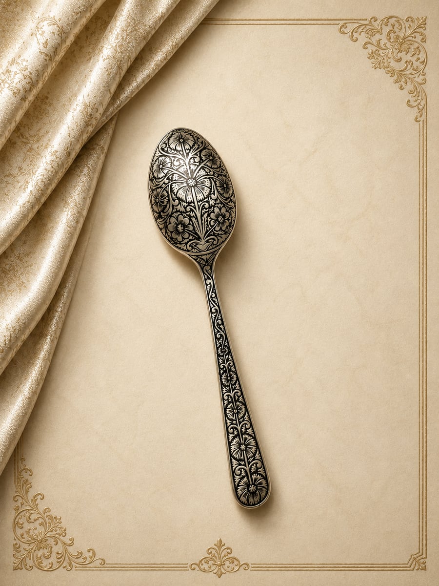 Handcrafted ornate silver spoon